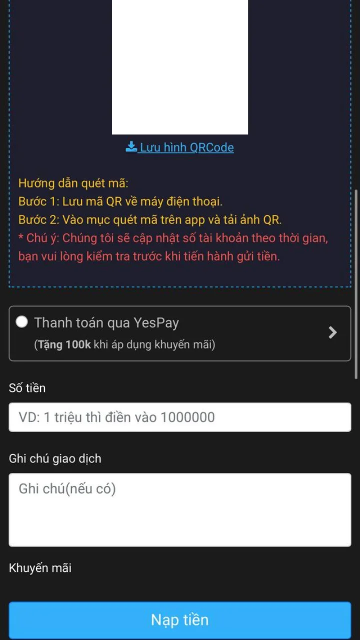 Nhập số tiền và ghi chú - Nạp tiền Bong90