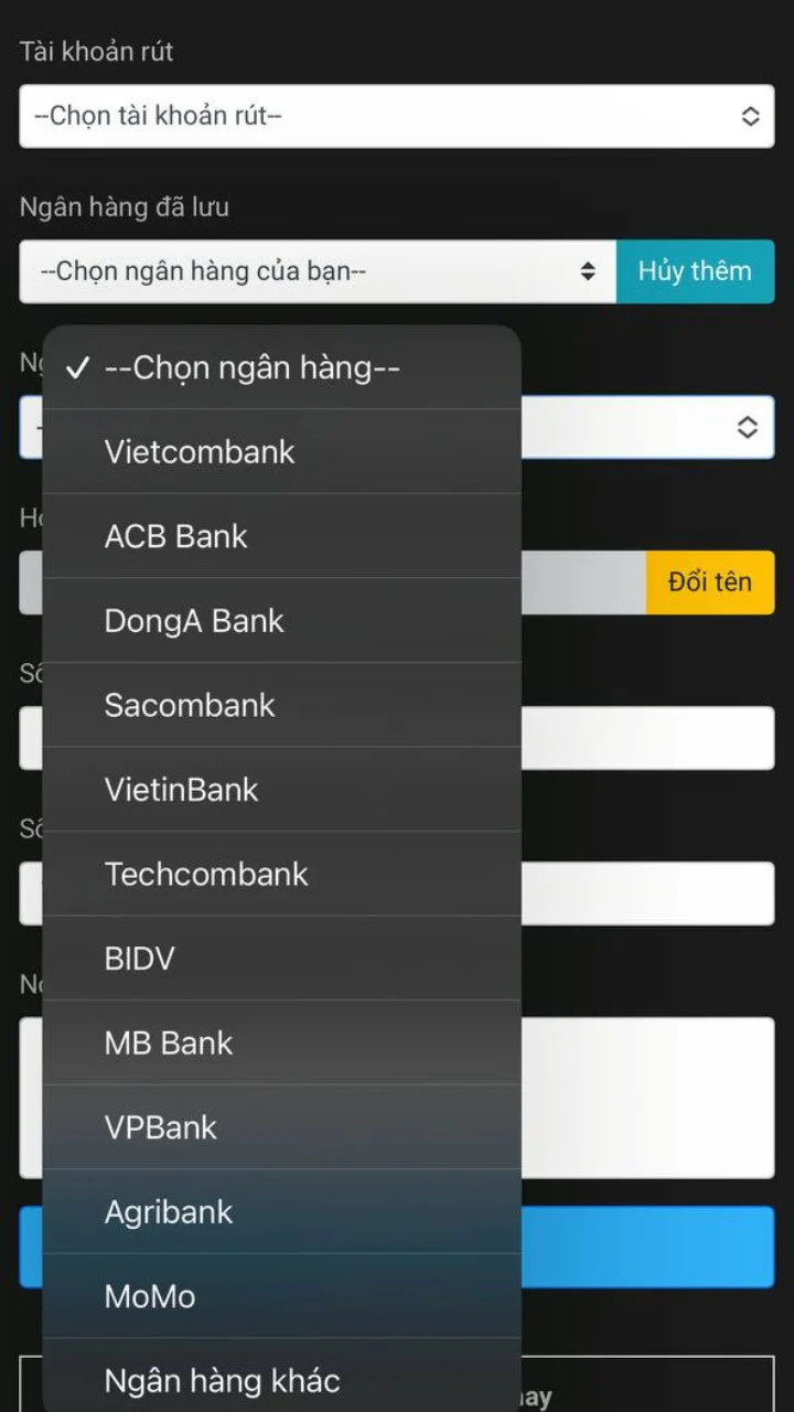 Chọn ngân hàng nhận tiền - Rút tiền Bong90