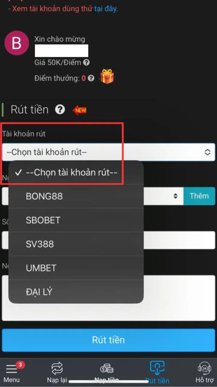 Chọn tài khoản rút tiền - Rút tiền Bong90